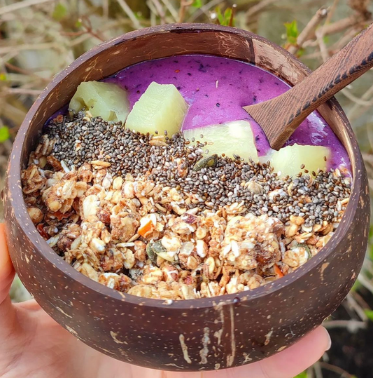 π§³ Transport yourself to the tropics with this BANANA & BLUEBERRY SMOOTHIE COCONUT BOWL FILLED WITH NUTTY GRANOLA ππποΈ