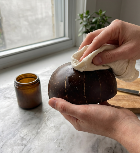 Hands conditioning a coconut bowl with a soft cloth and coconut oil